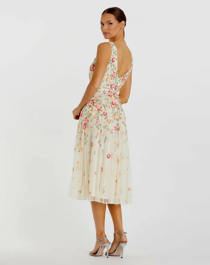 Women Vneck Sleeveless Midi Floral Beaded Aline Dress Midnight Multi Cocktail Dresses Mac Duggal