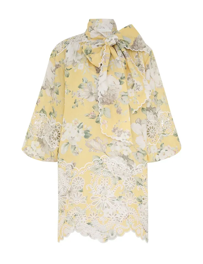 Women Zimmermann Clothing Acacia Broderie Tie Mini Dress Yellow Floral