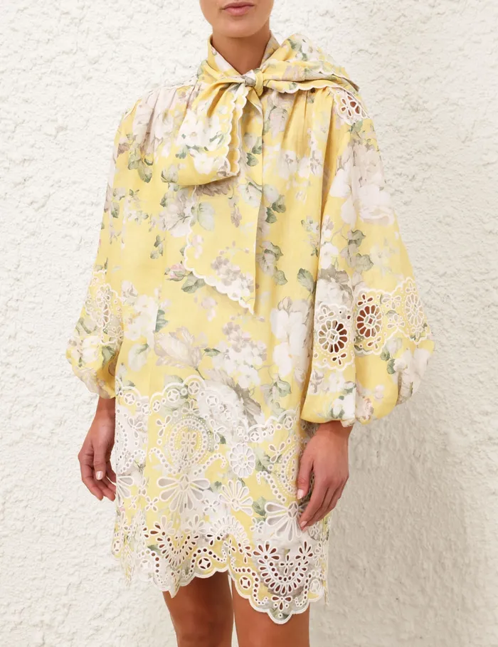 Women Zimmermann Clothing Acacia Broderie Tie Mini Dress Yellow Floral