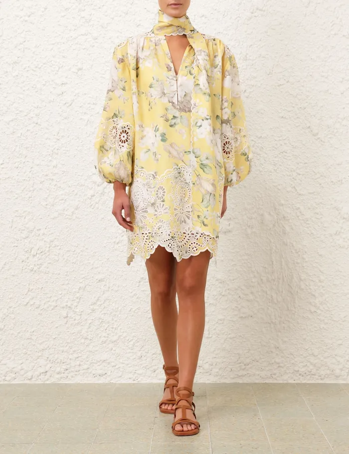 Women Zimmermann Clothing Acacia Broderie Tie Mini Dress Yellow Floral