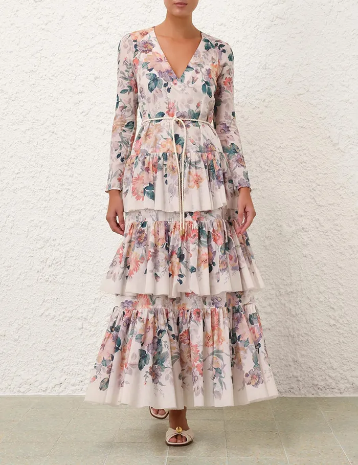 Women Zimmermann Clothing Acacia Tiered Maxi Dress Cream Multi Floral