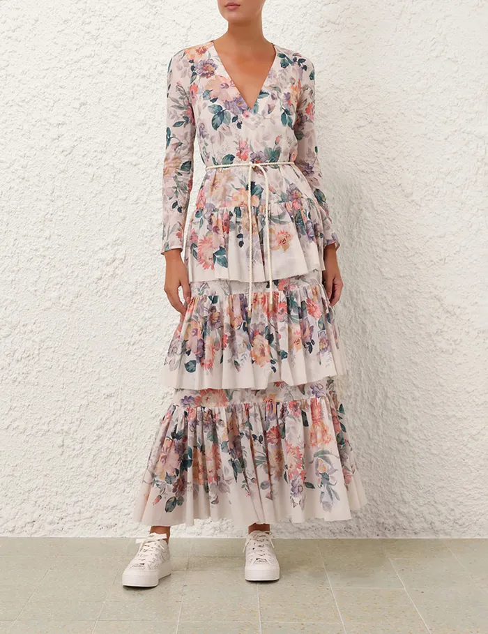 Women Zimmermann Clothing Acacia Tiered Maxi Dress Cream Multi Floral
