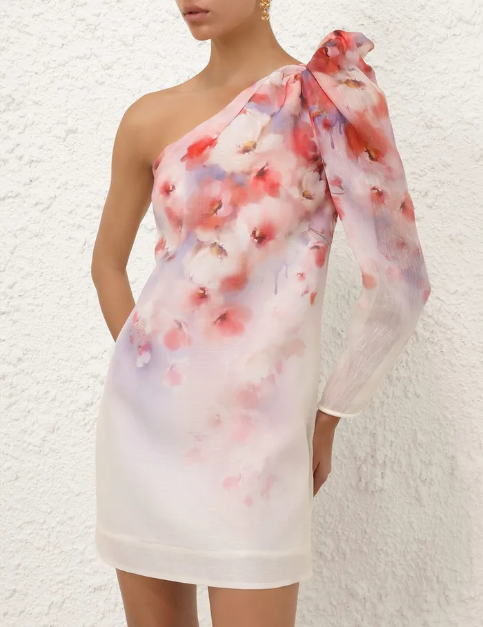 Women Zimmermann Clothing Crush Asymmetrical Mini Dress Scarlet Floral