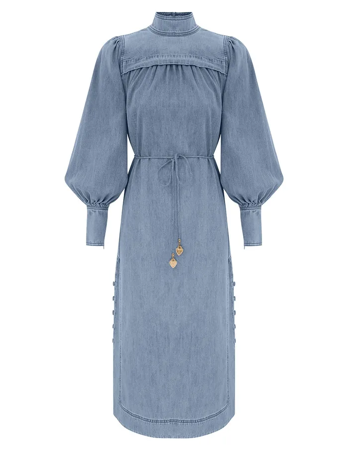 Women Zimmermann Clothing Crush Denim Midi Dress Blue Moon