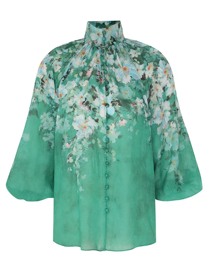 Women Zimmermann Clothing Everley Billow Blouse Green Watercolour Floral