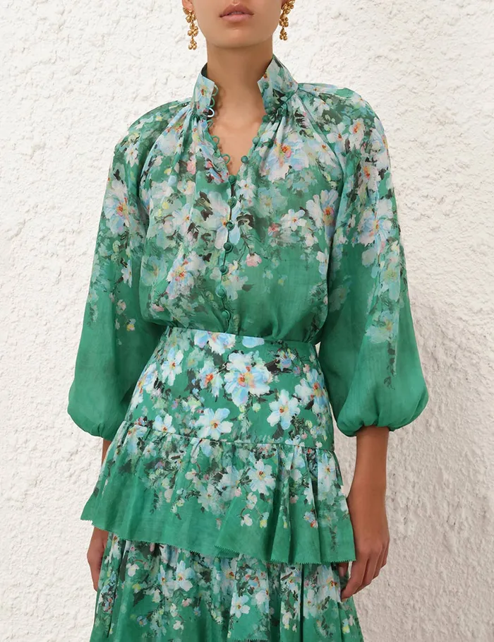 Women Zimmermann Clothing Everley Billow Blouse Green Watercolour Floral