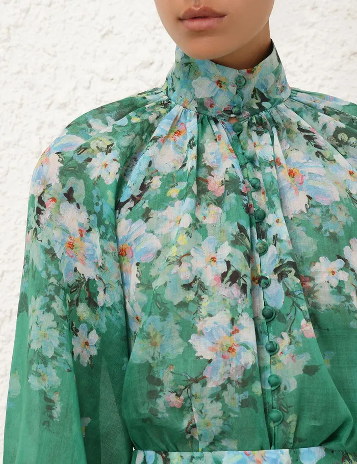 Women Zimmermann Clothing Everley Billow Blouse Green Watercolour Floral