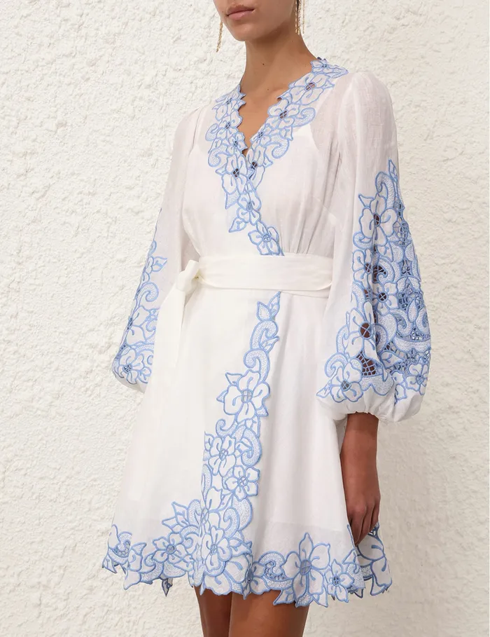 Women Zimmermann Clothing Golden Embroidered Mini Dress Ivoryblue