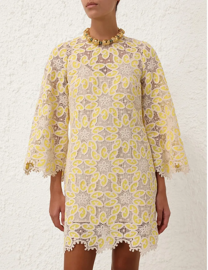 Women Zimmermann Clothing Golden Lace Mini Dress Creamyellow