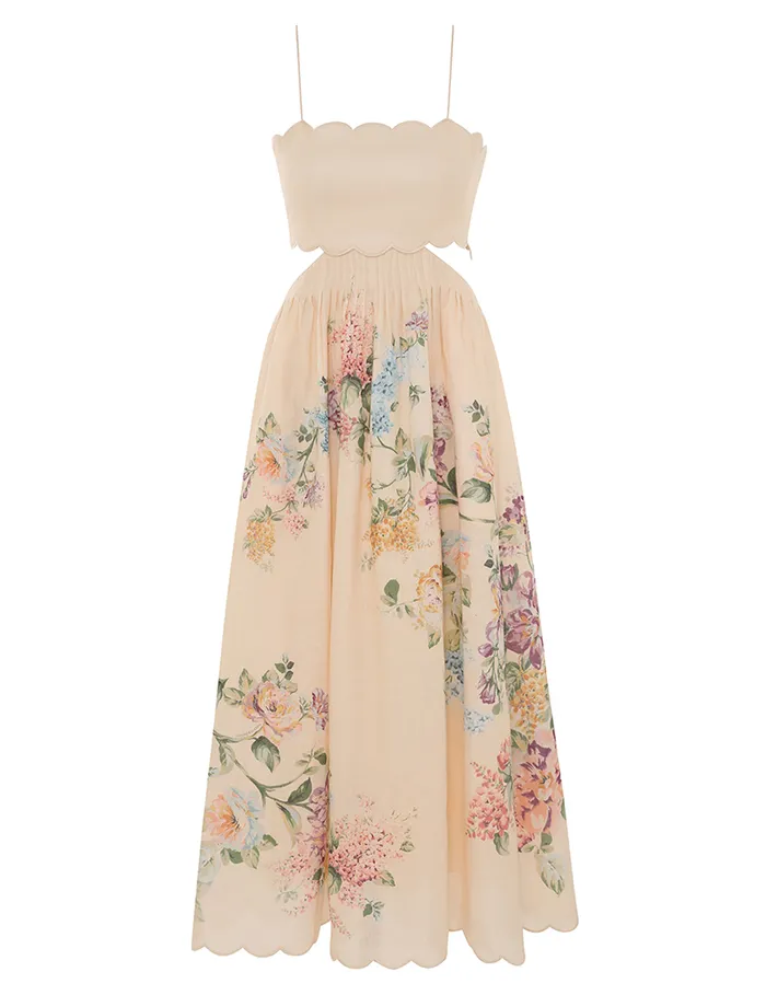 Women Zimmermann Clothing Halliday Scallop Midi Dress Cream Watercolour Floral