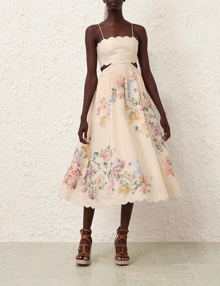 Women Zimmermann Clothing Halliday Scallop Midi Dress Cream Watercolour Floral