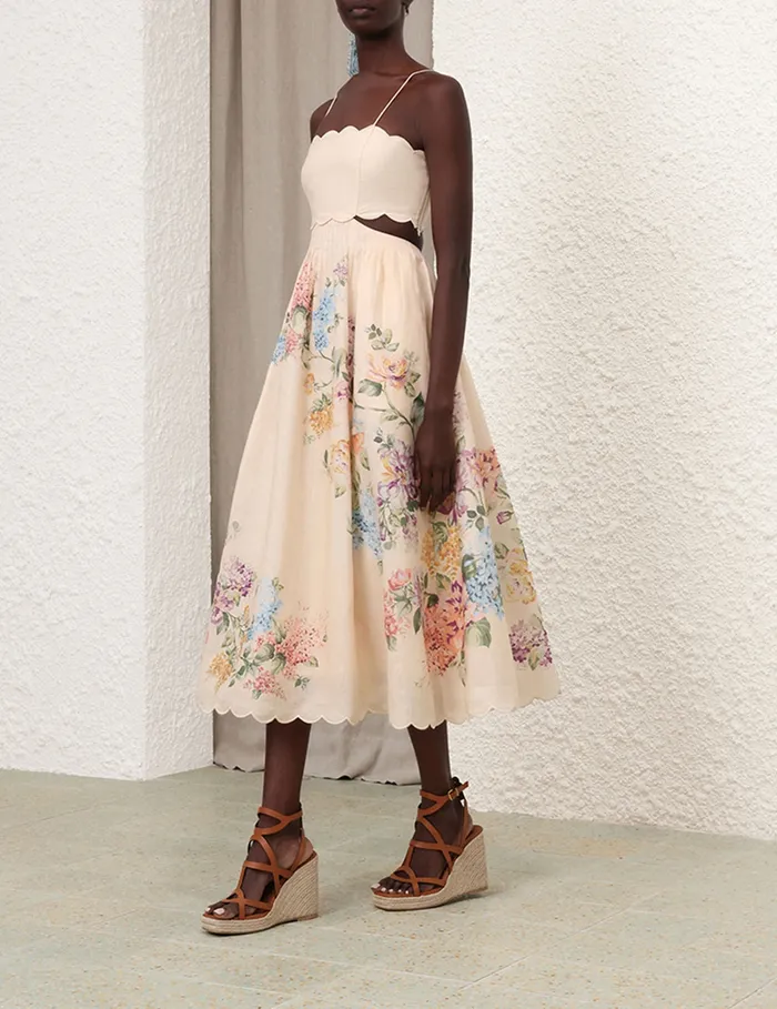 Women Zimmermann Clothing Halliday Scallop Midi Dress Cream Watercolour Floral