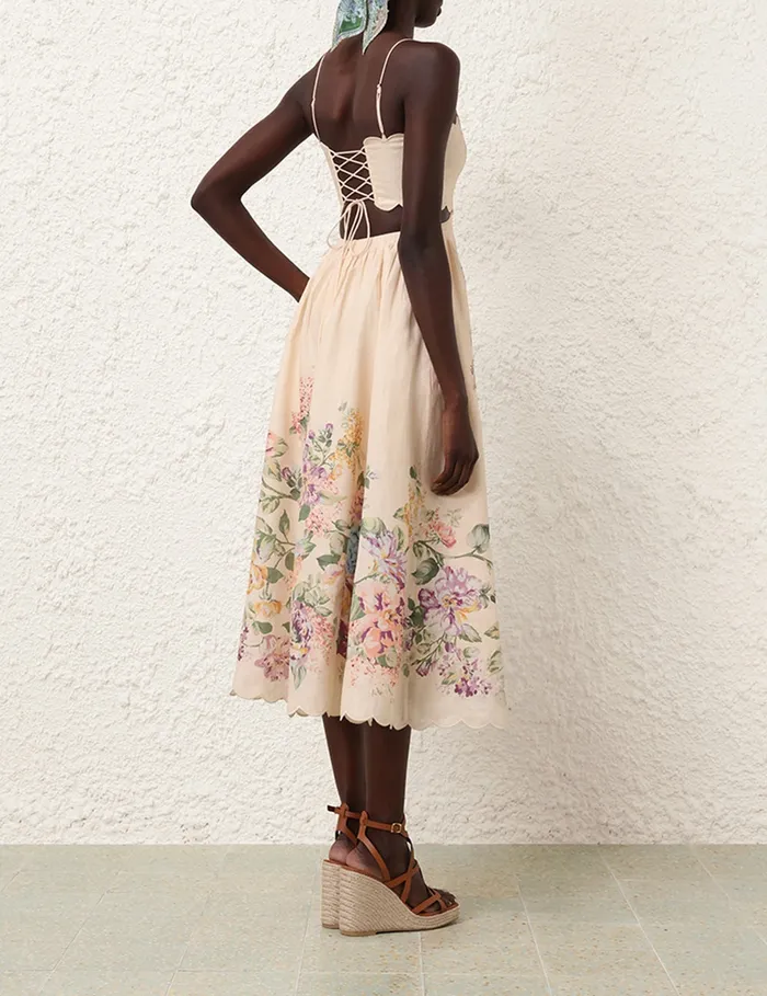 Women Zimmermann Clothing Halliday Scallop Midi Dress Cream Watercolour Floral