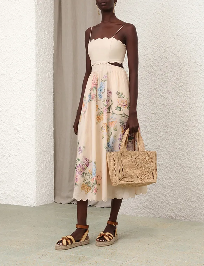 Women Zimmermann Clothing Halliday Scallop Midi Dress Cream Watercolour Floral