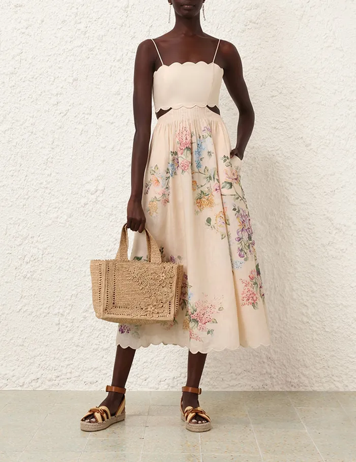Women Zimmermann Clothing Halliday Scallop Midi Dress Cream Watercolour Floral