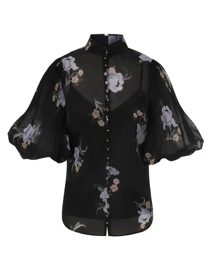 Women Zimmermann Clothing Pleated Buttoned Blouse Black Iris Floral