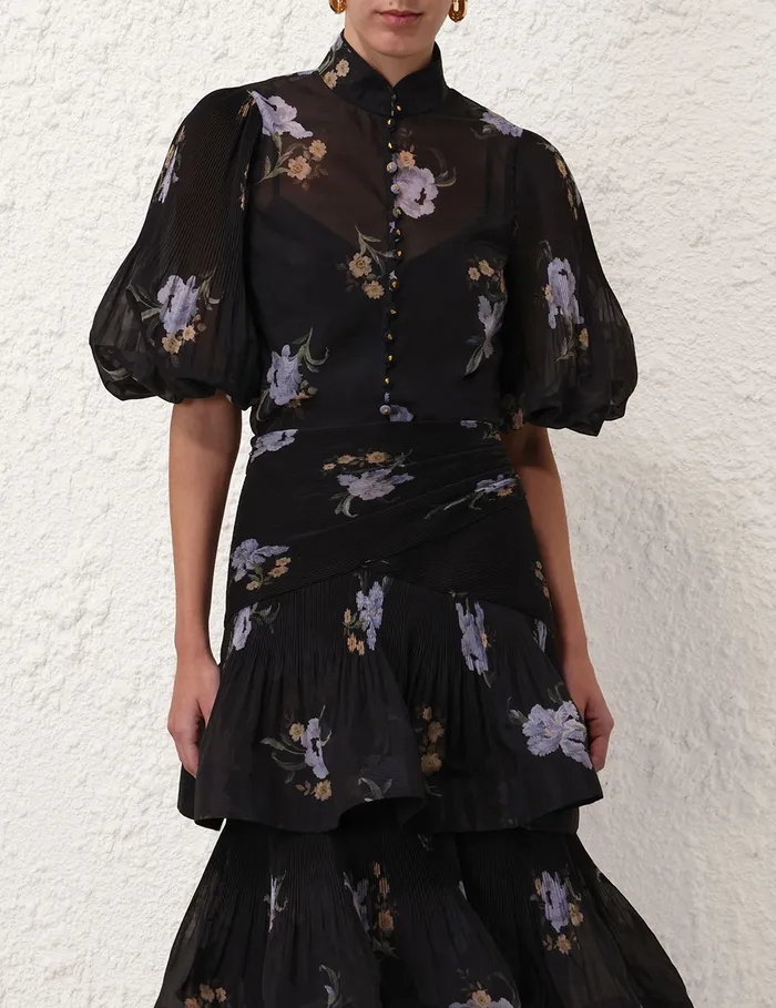 Women Zimmermann Clothing Pleated Buttoned Blouse Black Iris Floral