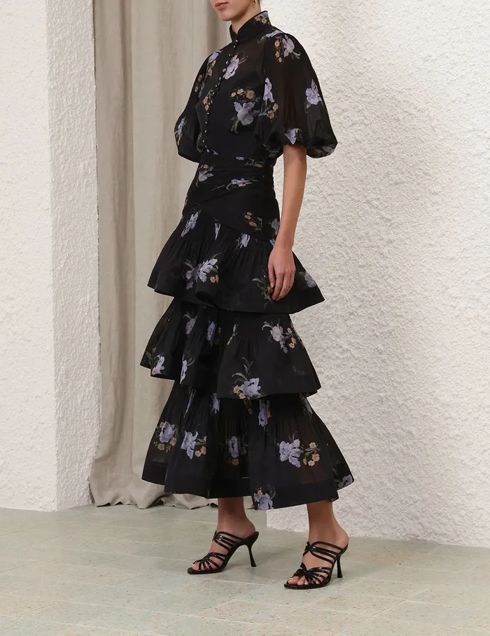 Women Zimmermann Clothing Pleated Buttoned Blouse Black Iris Floral