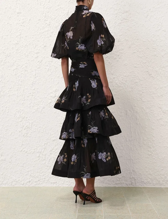 Women Zimmermann Clothing Pleated Buttoned Blouse Black Iris Floral