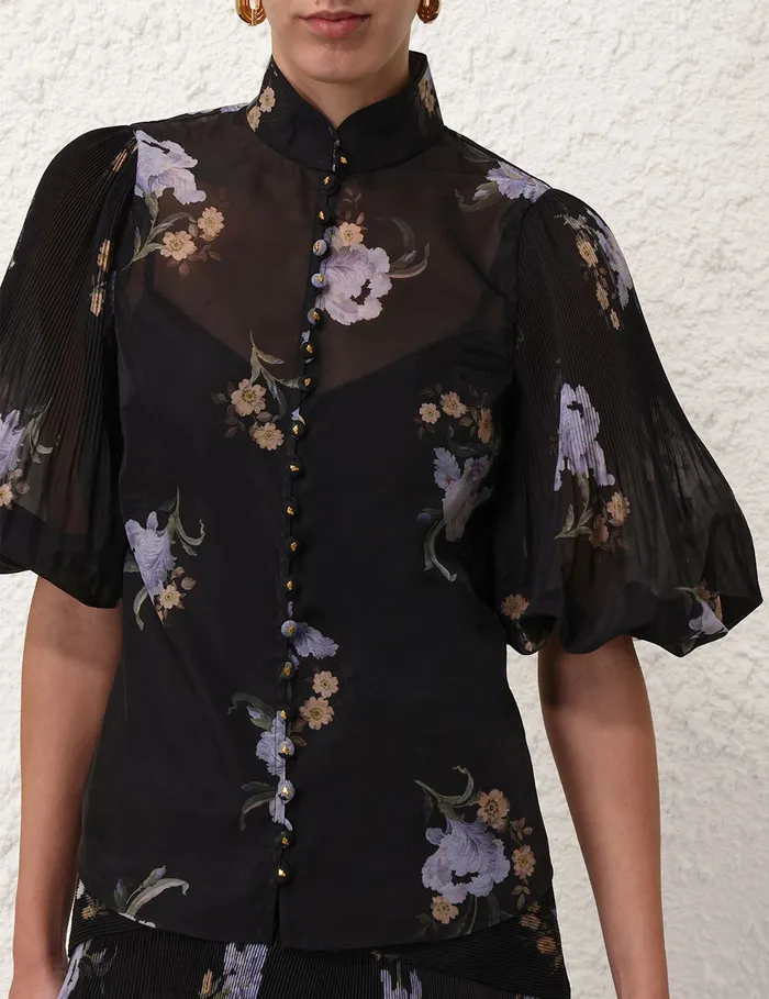 Women Zimmermann Clothing Pleated Buttoned Blouse Black Iris Floral