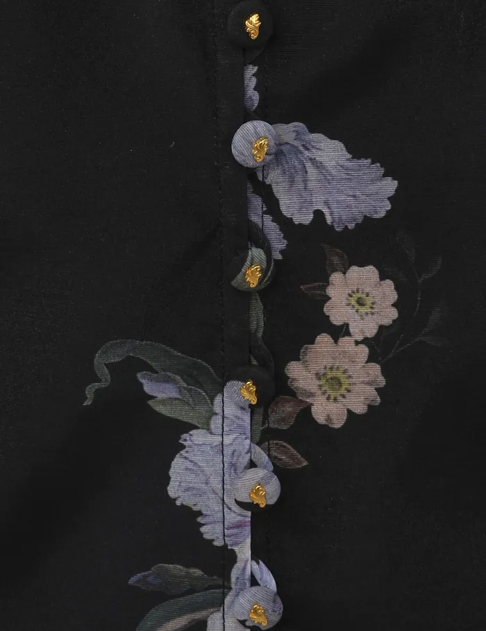 Women Zimmermann Clothing Pleated Buttoned Blouse Black Iris Floral