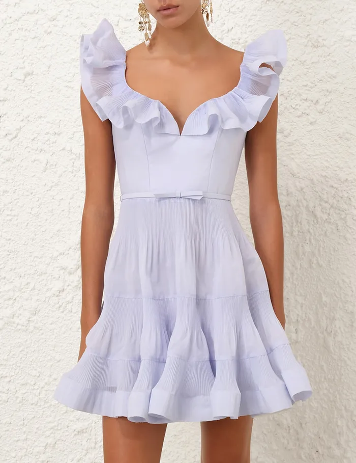Women Zimmermann Clothing Pleated Frill Mini Dress Light Blue