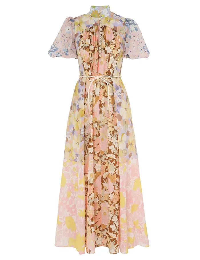 Women Zimmermann Clothing Pop Puff Sleeve Maxi Dress Spliced