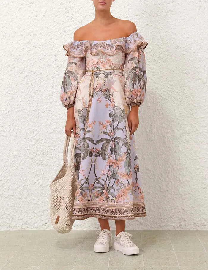 Women Zimmermann Clothing Wylie OffShoulder Midi Dress Blue Floral