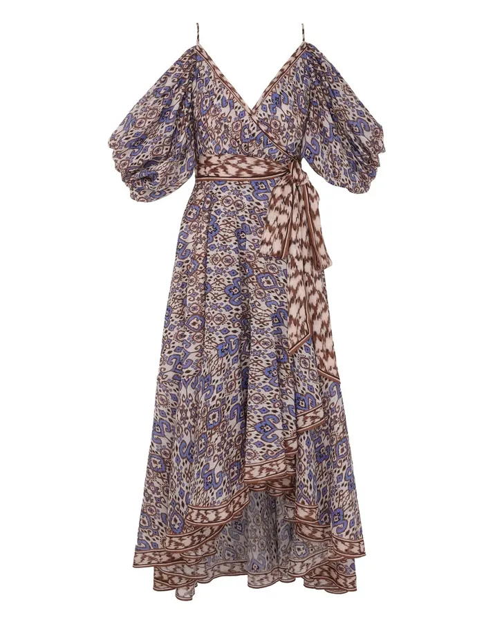 Women Zimmermann Clothing Wylie Wrap Midi Dress Cornflower Ikat