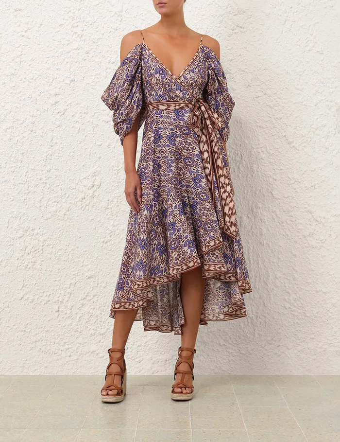 Women Zimmermann Clothing Wylie Wrap Midi Dress Cornflower Ikat