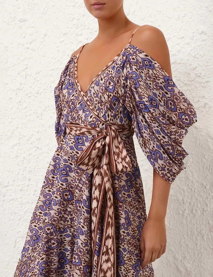 Women Zimmermann Clothing Wylie Wrap Midi Dress Cornflower Ikat