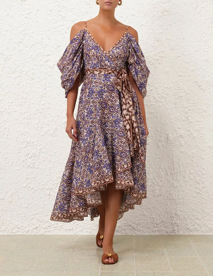 Women Zimmermann Clothing Wylie Wrap Midi Dress Cornflower Ikat