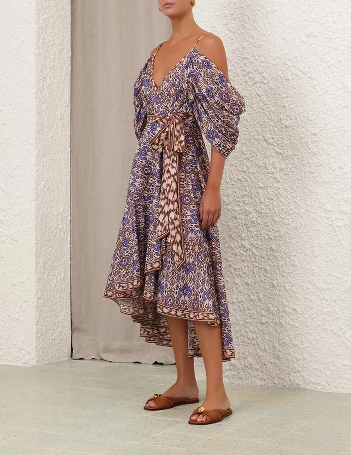 Women Zimmermann Clothing Wylie Wrap Midi Dress Cornflower Ikat