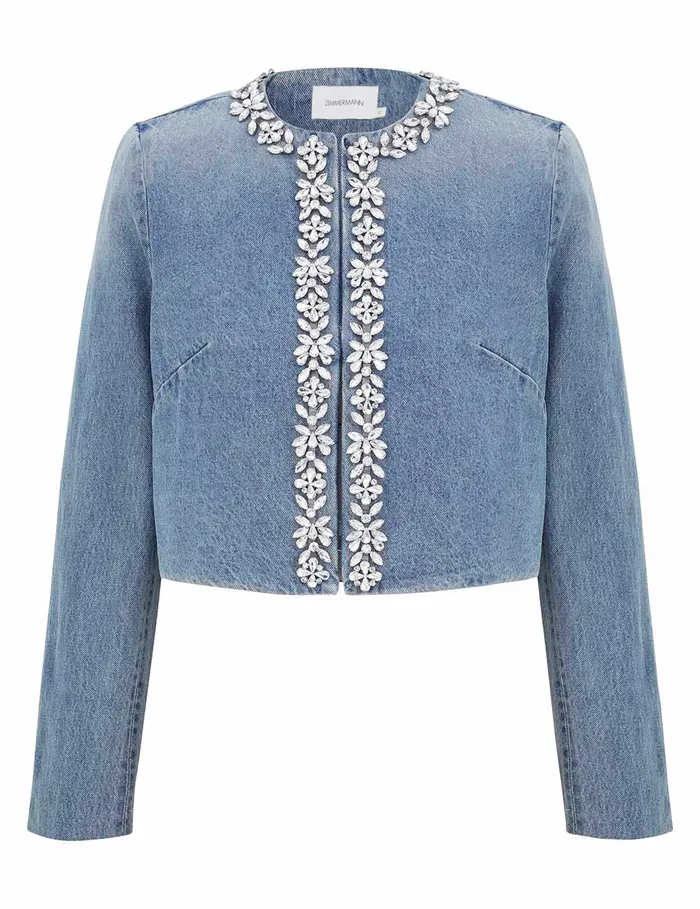 Women Zimmermann Denim Crush Embellished Denim Jacket Blue Moon