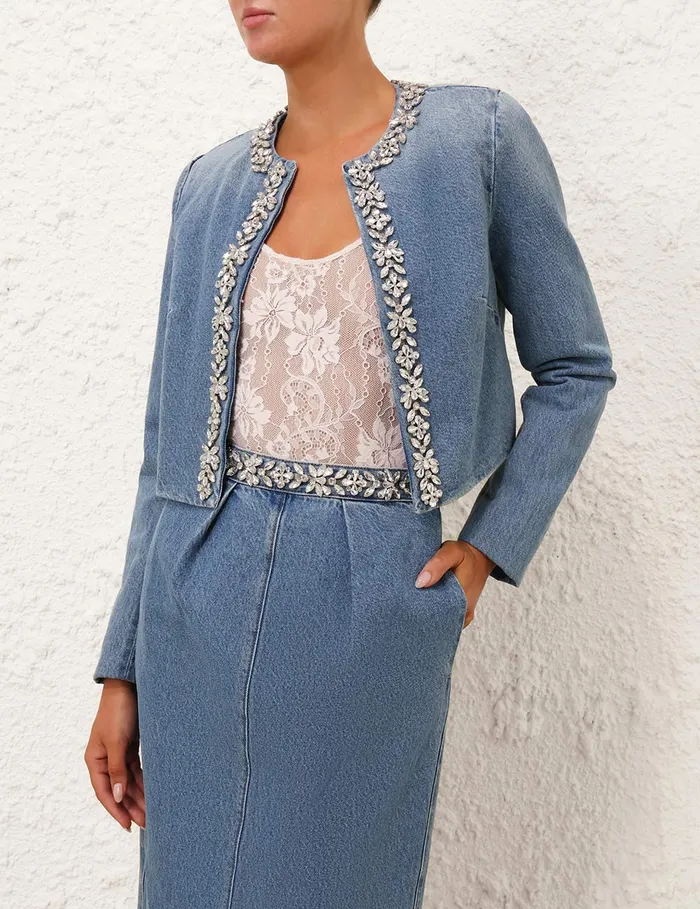 Women Zimmermann Denim Crush Embellished Denim Jacket Blue Moon