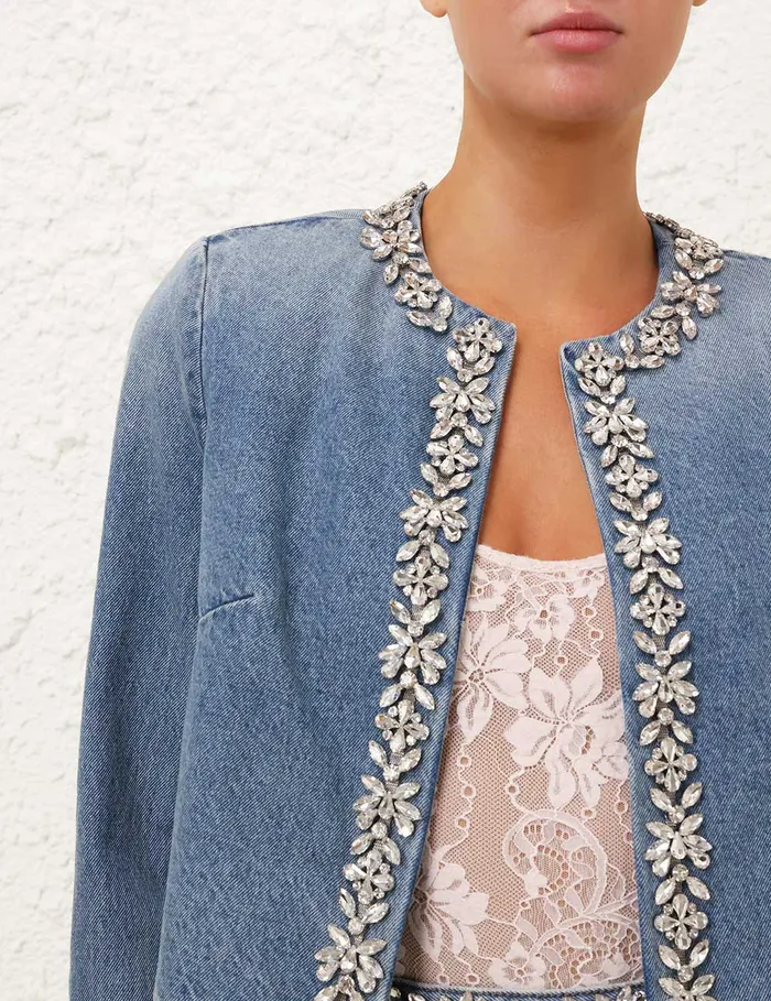 Women Zimmermann Denim Crush Embellished Denim Jacket Blue Moon