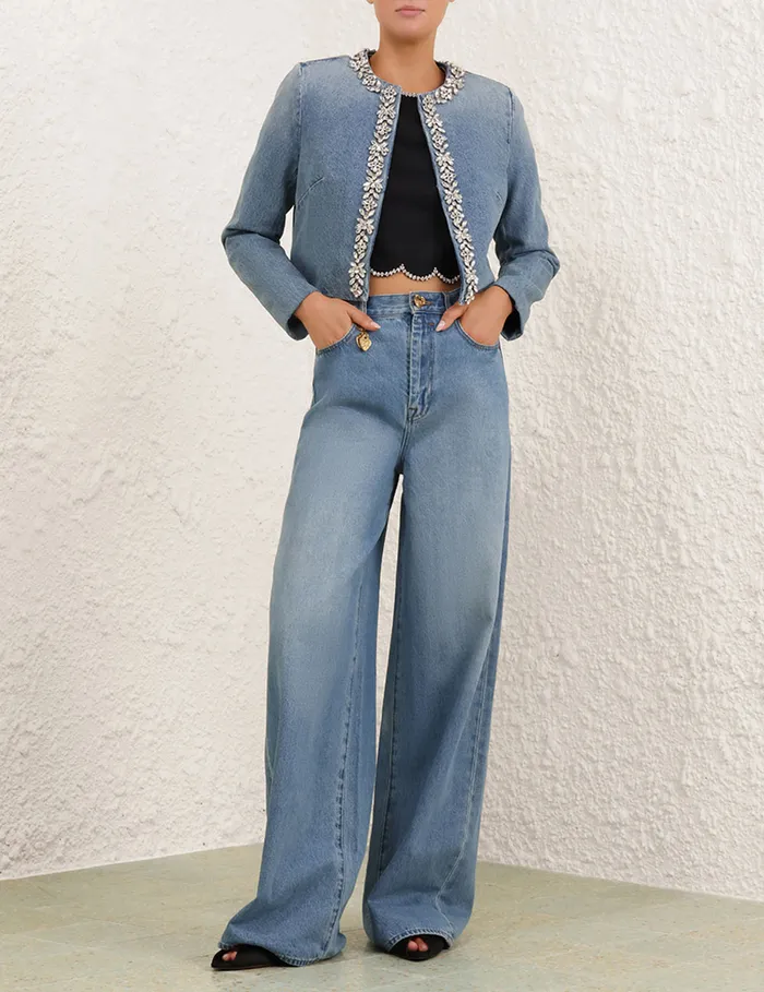Women Zimmermann Denim Crush Embellished Denim Jacket Blue Moon