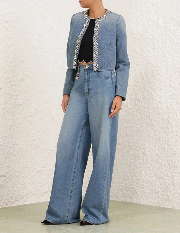 Women Zimmermann Denim Crush Embellished Denim Jacket Blue Moon