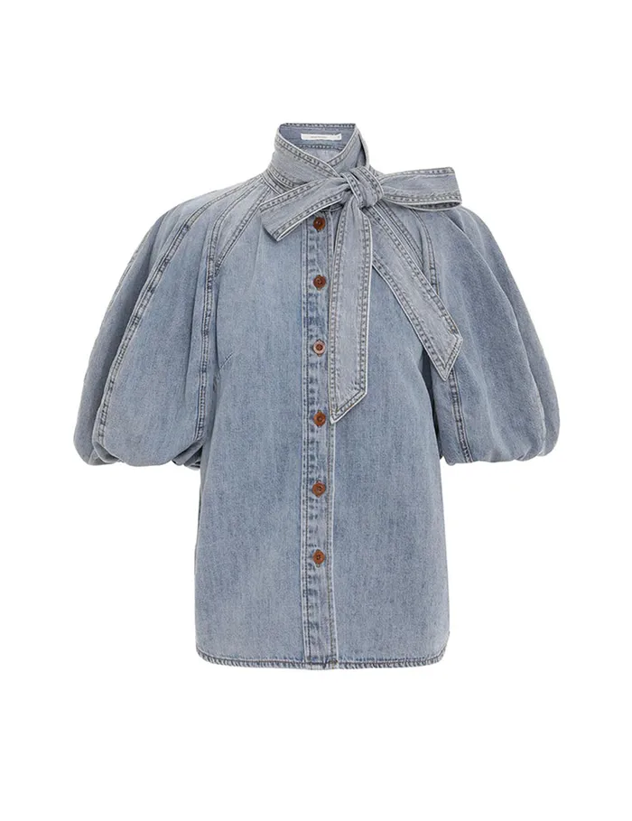 Women Zimmermann Denim Lantern Sleeve Shirt Faded Blue