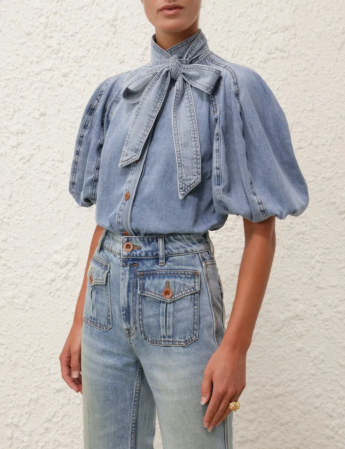 Women Zimmermann Denim Lantern Sleeve Shirt Faded Blue