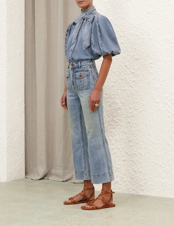 Women Zimmermann Denim Lantern Sleeve Shirt Faded Blue