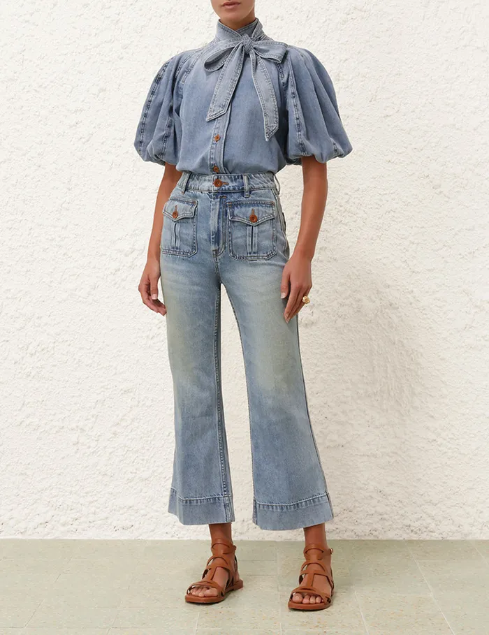 Women Zimmermann Denim Lantern Sleeve Shirt Faded Blue