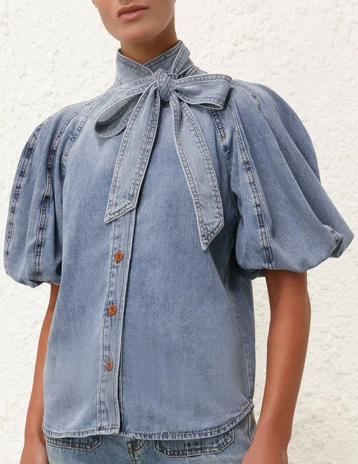 Women Zimmermann Denim Lantern Sleeve Shirt Faded Blue
