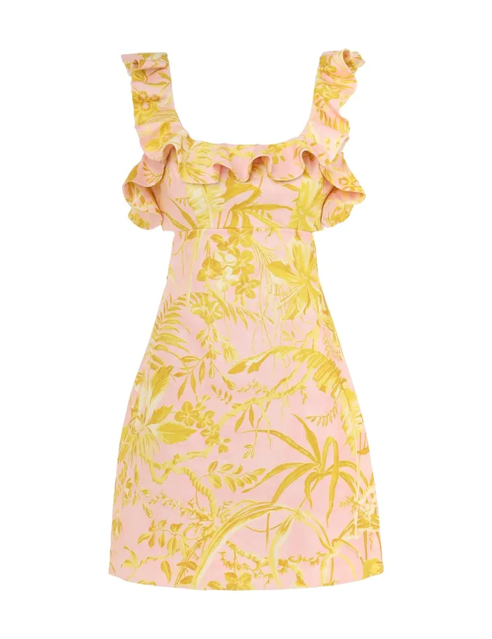 Women Zimmermann Dresses and Coverups Golden Ruffle Mini Dress Pinkgold Floral