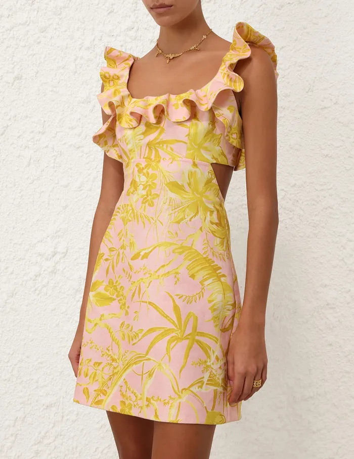 Women Zimmermann Dresses and Coverups Golden Ruffle Mini Dress Pinkgold Floral