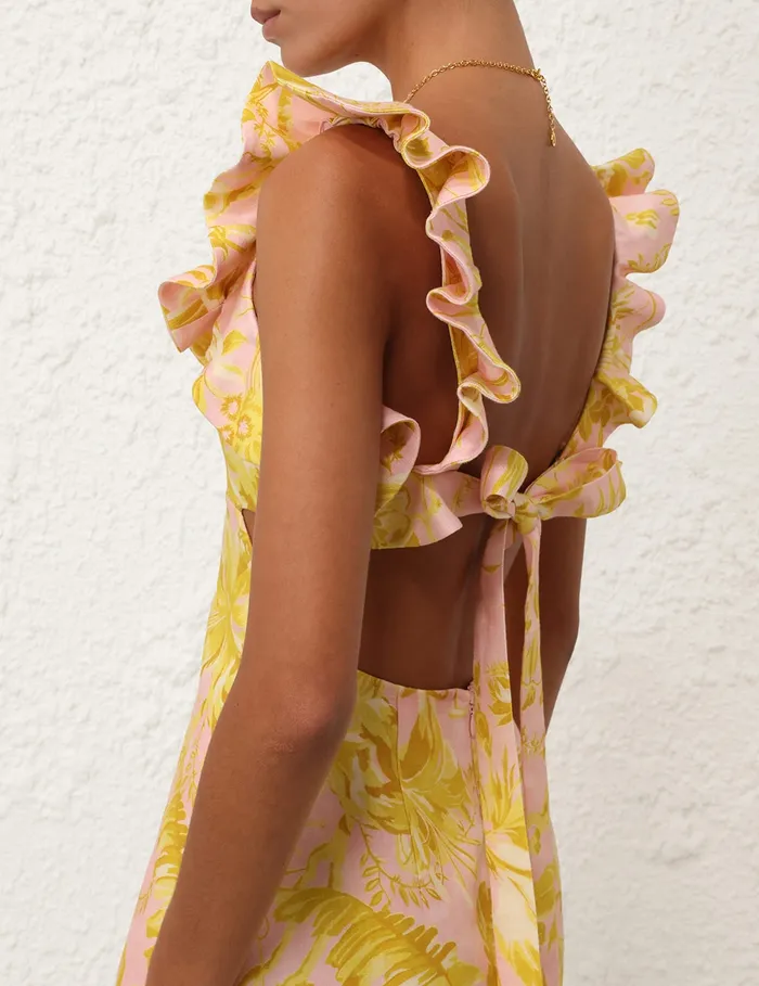 Women Zimmermann Dresses and Coverups Golden Ruffle Mini Dress Pinkgold Floral