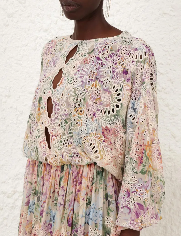 Women Zimmermann Dresses and Coverups Halliday Embroidered Dress Multi Watercolour Floral