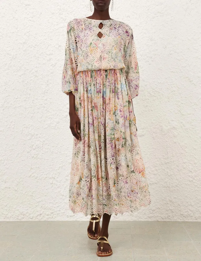 Women Zimmermann Dresses and Coverups Halliday Embroidered Dress Multi Watercolour Floral