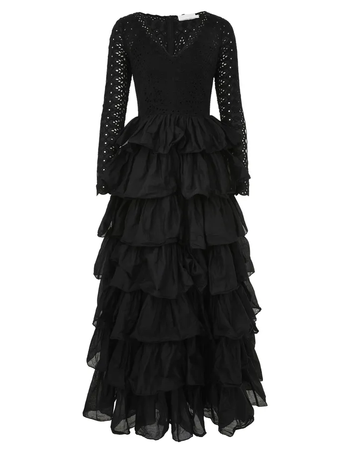 Women Zimmermann Dresses and Coverups Tallow Tiered Ruffle Gown Black