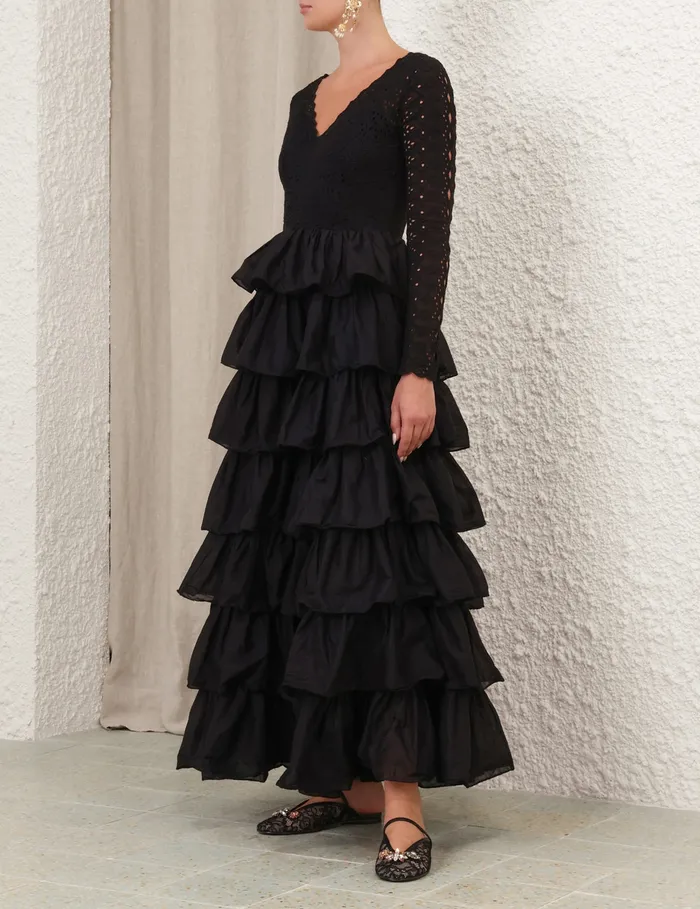 Women Zimmermann Dresses and Coverups Tallow Tiered Ruffle Gown Black